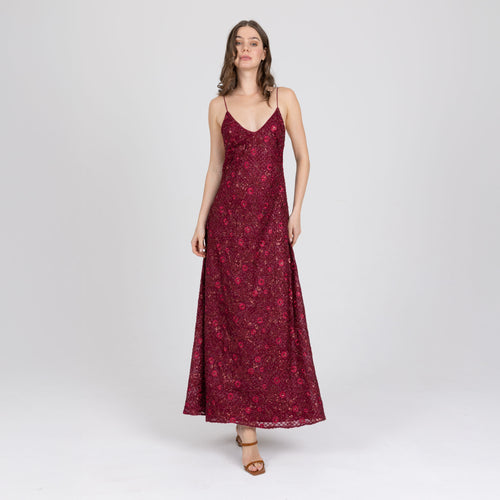 Model wearing full-length red embroidered slip dress with V neckline – Vedra by A|LOUD