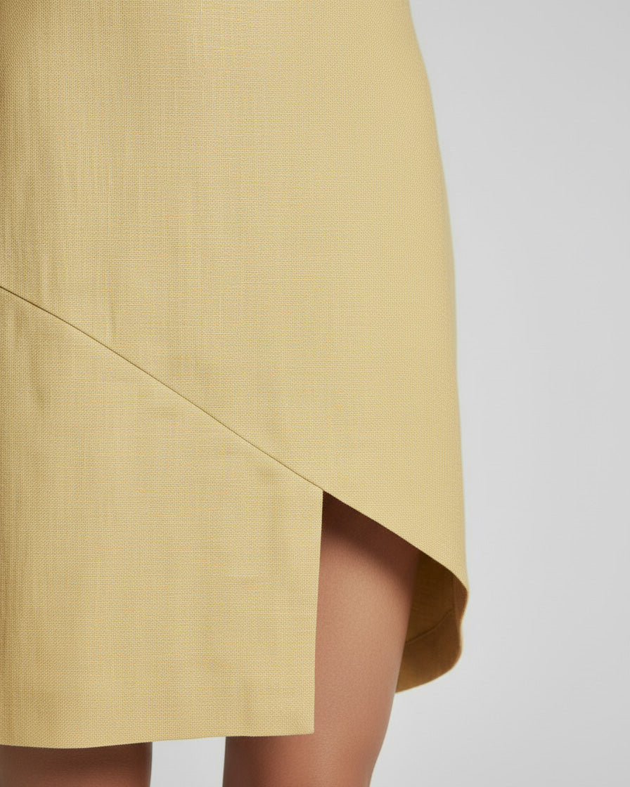 Asymmetrical hem detail on yellow linen mini dress