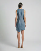 Back view of sleeveless blue linen mini dress