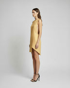 Side view of yellow asymmetrical linen mini dress