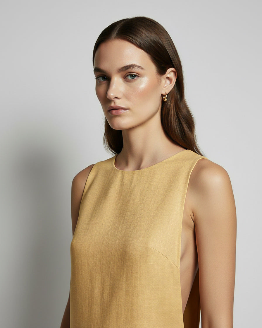 Sleeveless linen mini dress in yellow with clean neckline