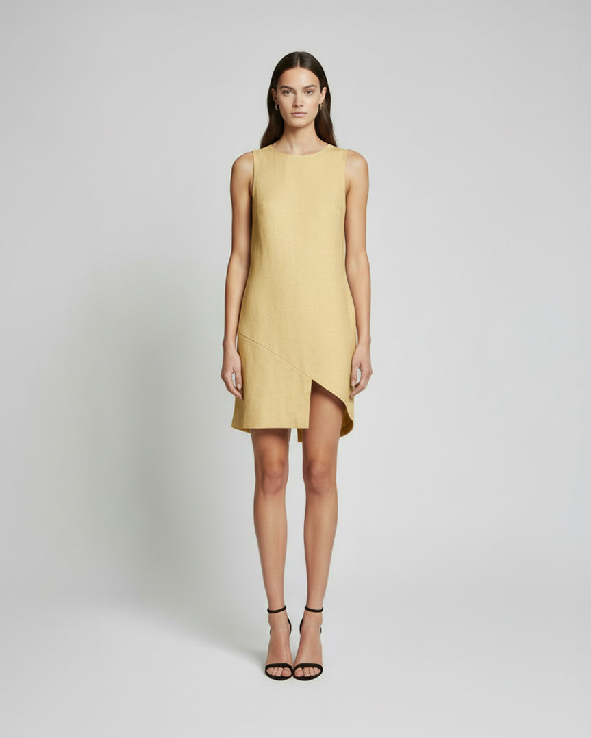 Yellow asymmetrical linen mini dress with sleeveless silhouette