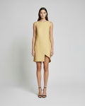 Yellow asymmetrical linen mini dress with sleeveless silhouette
