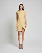 Yellow asymmetrical linen mini dress with sleeveless silhouette