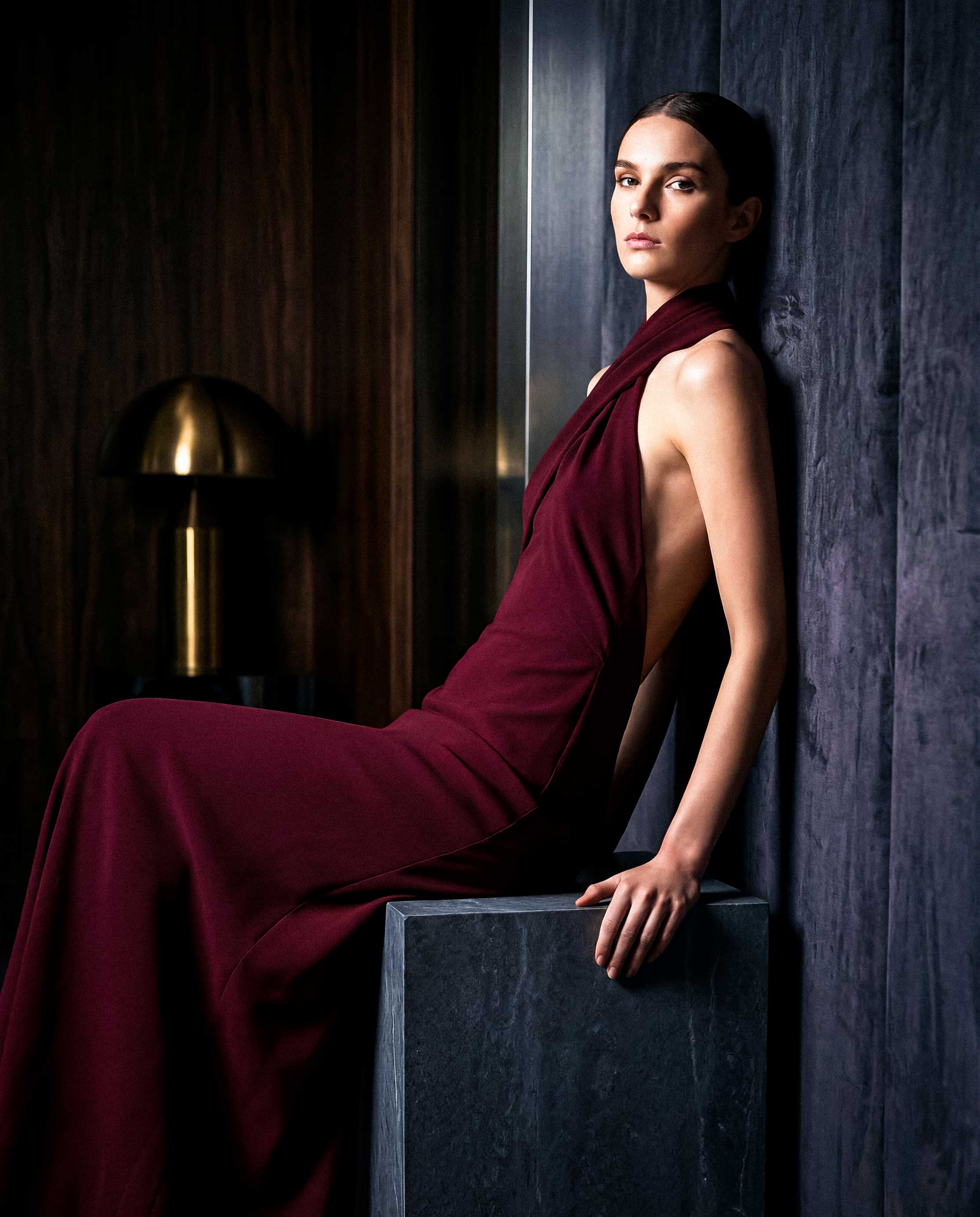 VIRENNE burgundy halter column gown with open back