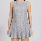Detailed neckline of grey mini dress – tone-on-tone satin piping and lace craftsmanship