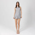 Model wearing grey lace mini dress – Zayra structured mini dress with architectural flounce