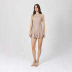 Model wearing Zayra Mini Dress – nude corded lace mini dress with architectural silhouette