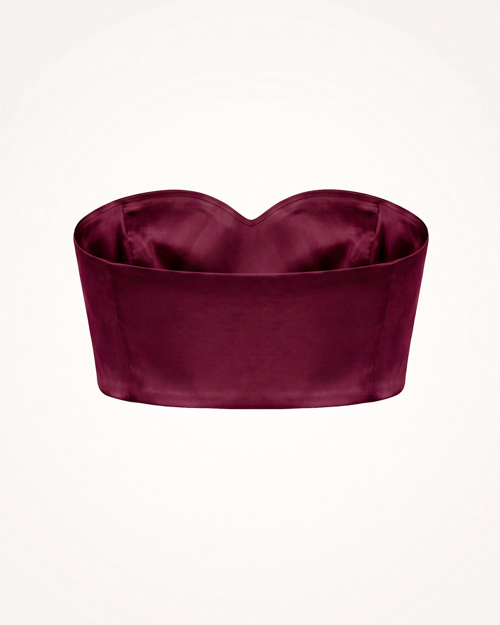Back product view of the burgundy silk satin bandeau top showing its clean fitted silhouette