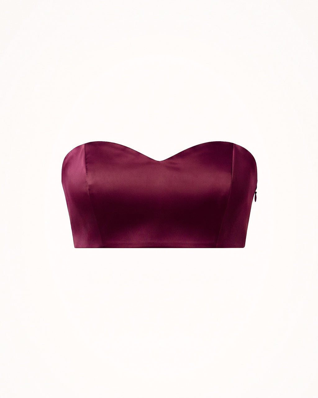 Front product view of the burgundy silk satin bandeau top with a structured sweetheart neckline