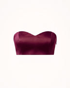 Front product view of the burgundy silk satin bandeau top with a structured sweetheart neckline