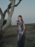 Model wearing sheer embroidered tulle evening gown – Muse Gown by ALOUD