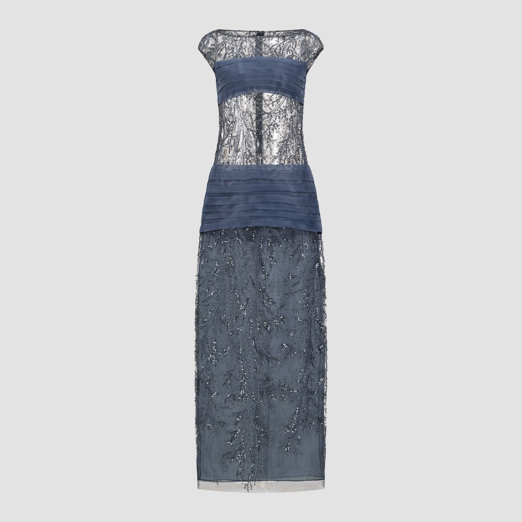 Embroidered Tulle Dress with Organza Pleats - A|loud