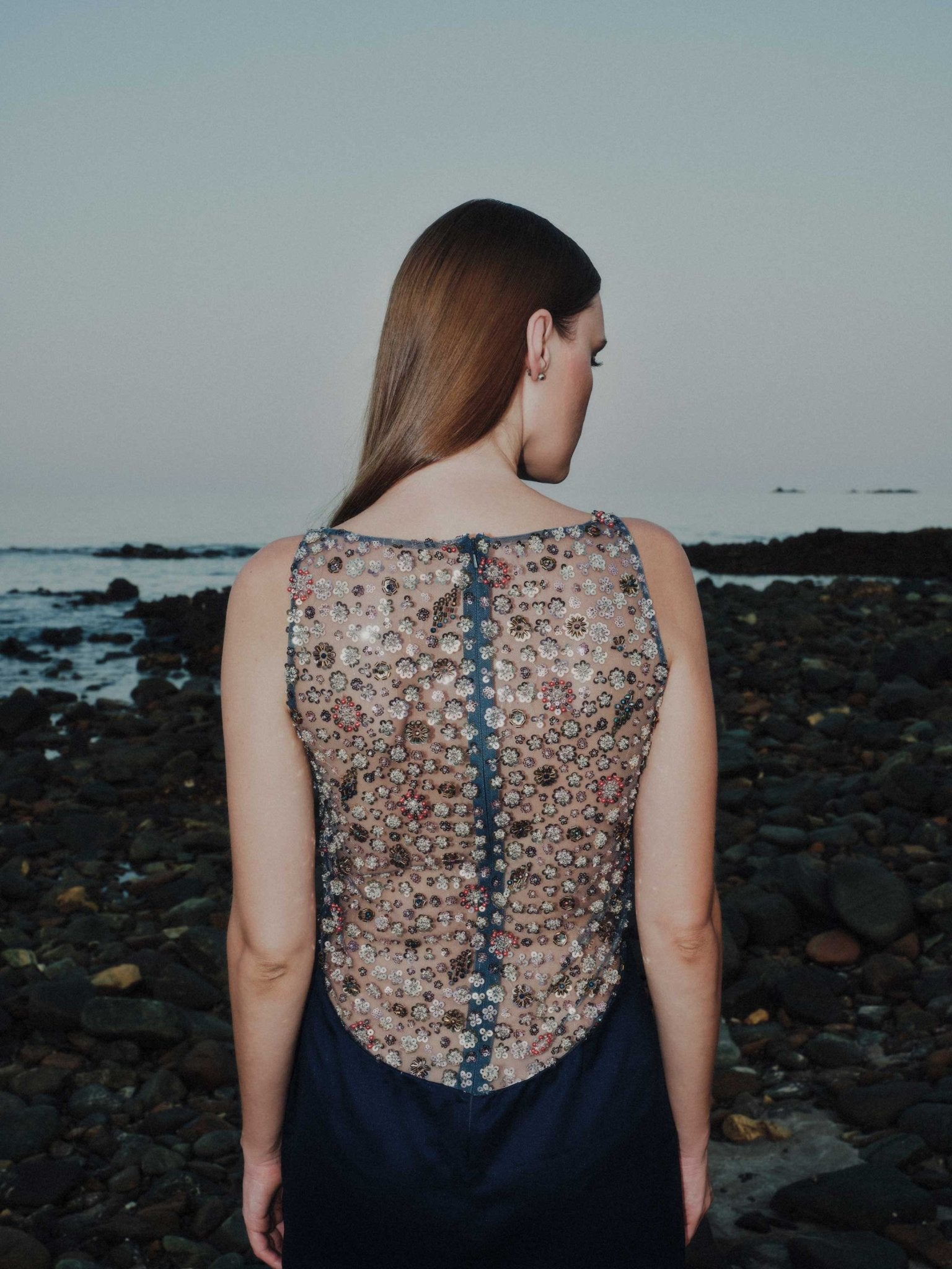 Backless cocktail dress with sheer embroidered floral tulle revealing the back – Maia Mini Dress by ALOUD